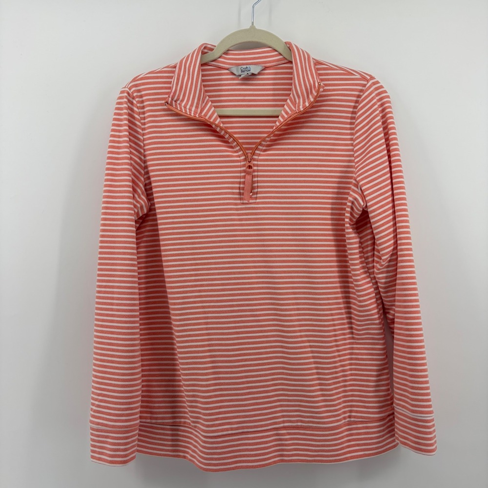 Croft & Barrow Size S Coral Pink White Striped Quarter Zip Mock Neck Sweatshirt